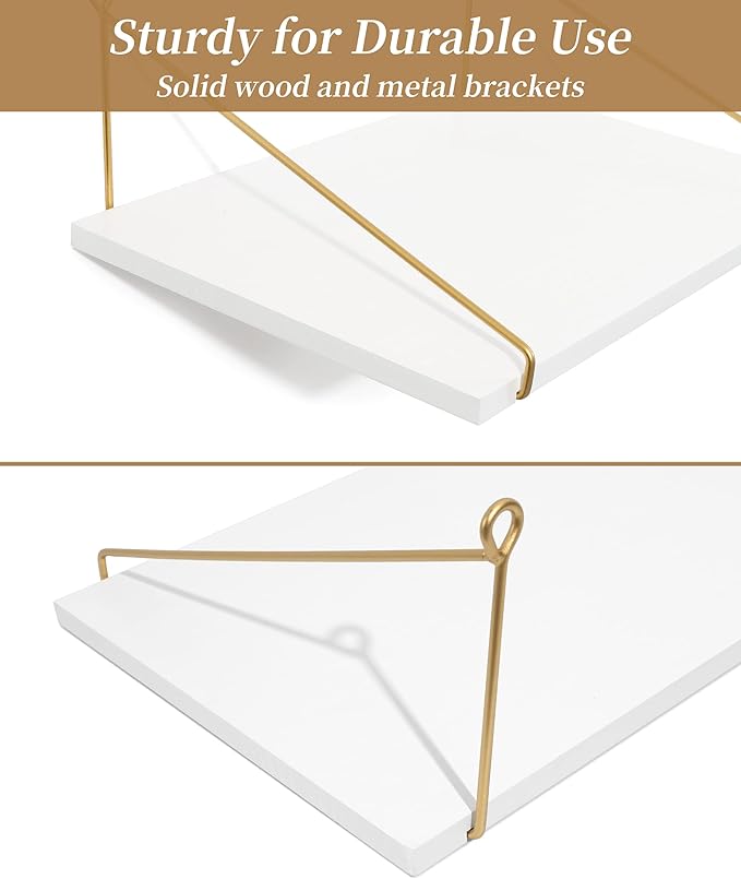 Afuly Floating Shelves for Wall, 12 Inch Deep Gold White Shelf, Set of 2 | Solid Wood and Metal, Hanging Bookshelf with Brackets, Plants Photos Display, for Bathroom, Kitchen, Living Room, Bedroom