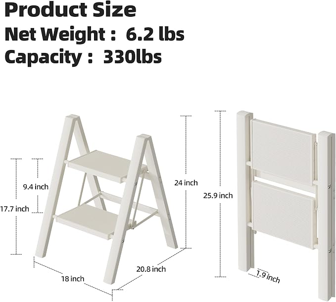 HillhutApex Aluminum Step Stool Foldable,2 Step Ladder (White) | Lightweight Portable step ladder with Anti-Slip Wide Pedal,330lbs Capacity Ladder for Household,Office,Kitchen