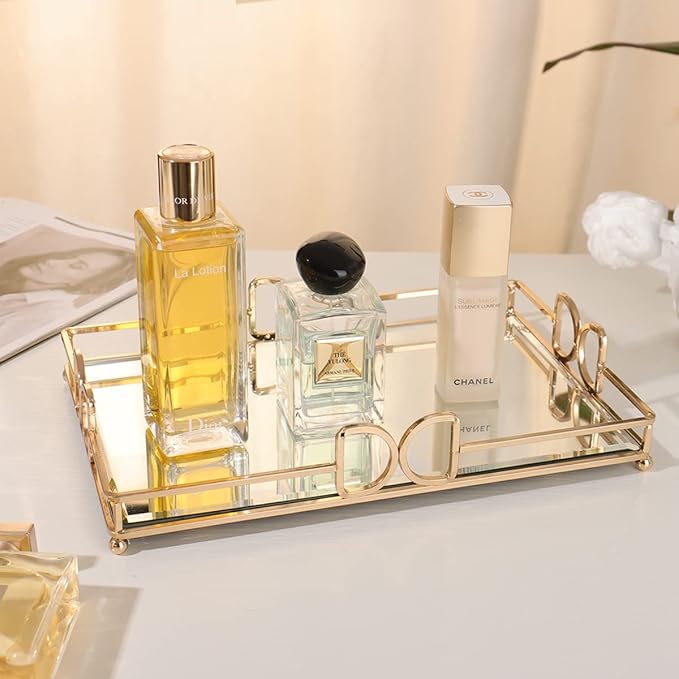 Gold Mirror Vanity Tray for Perfume, 11.7x7.9 Non-Slip Glass Dresser Tray, Elegant Decorative Organizer for Bathroom Countertops, Skincare & Makeup Display, Rust-Proof
