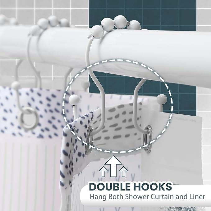 Shower Curtain Hooks, OEH Shower Curtain Rings, White Shower Curtain Hooks Rust Proof, Smooth Gliding Metal Shower Curtain Rings Rust Proof, Double Shower Rings for Curtain, 12 Pcs, White
