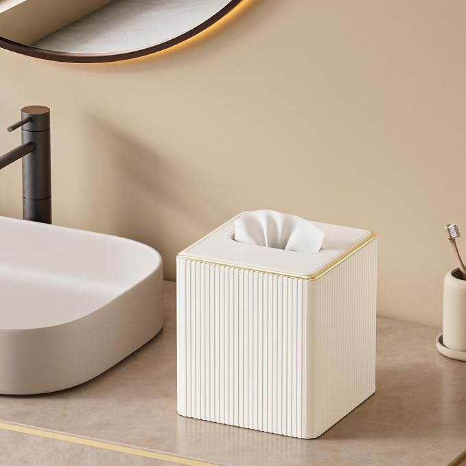 GORESE Tissue Box Cover Square Kleenexs Box Cover, PU Leather Tissue Cover with Gold-Tone Edging, Cube Tissue Box Holder for Bathroom Livingroom Car, Modern Decorative Kleenexs Cover, Cream White