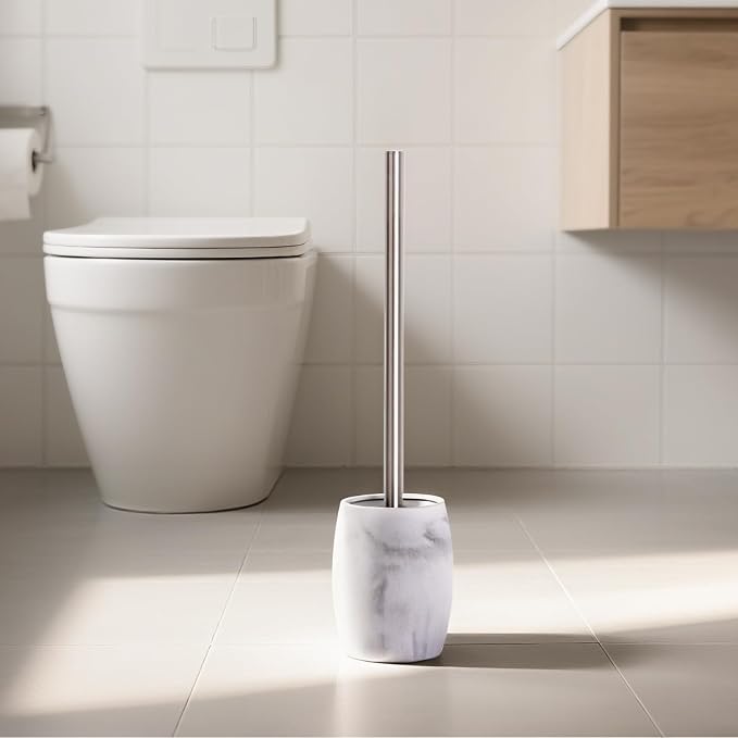 Clasin Home Toilet Bowl Brush and Holder with Stainless Steel Long Handle, Toilet Scrubber Brush with Durable Base, 360° Deep Cleaning Bristles for Bathroom, Compact Set for Small Space (White)