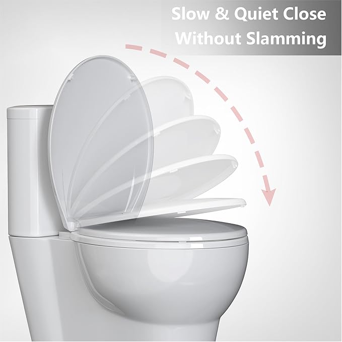 Round Toilet Seat Slow Close, 17" Round White Polypropylene Toilet Seat Cover with Never Loosen Durable Lid, Quiet and Easy to Install & Clean