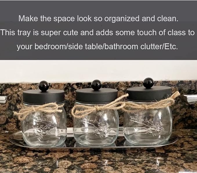 Stainless Steel Decorative Tray, Set of 2, 9 Inch Long, Jewelry Dish Cosmetics Organizer Bathroom Clutter Serving Platter Small Storage Tray, Oval, Silver