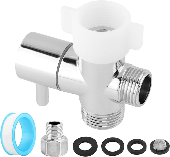 Bidet T Adapter with Shut off Valve, Metal 3 Way T Valve 7/8" x 7/8" x 1/2" or 3/8" Adapter Included, Chrome Finish Tee Connector Bidet Attachment, Leak-Free, Includes Tape