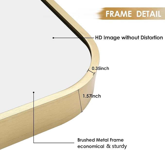 40x30 Inch Gold Bathroom Mirror, Brushed Brass Gold Metal Framed Rectangular Mirror with Rounded Corner, Bathroom Vanity Mirror for Bedroom or Living Room, Horizontal/Vertical