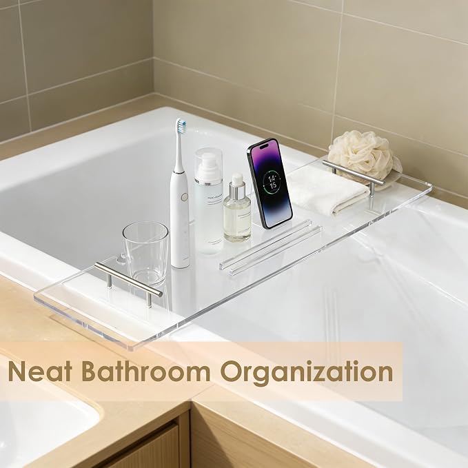 Bathtub Tray, Bath Tray for Tub, Acrylic Bath Caddy Tray for Bathtub, for Tub Luxury Spa with Tablet Slots and Wine Glass Hole, Bathroom Accessories for Decorative Bathtubs (39.4 * 9.45in)