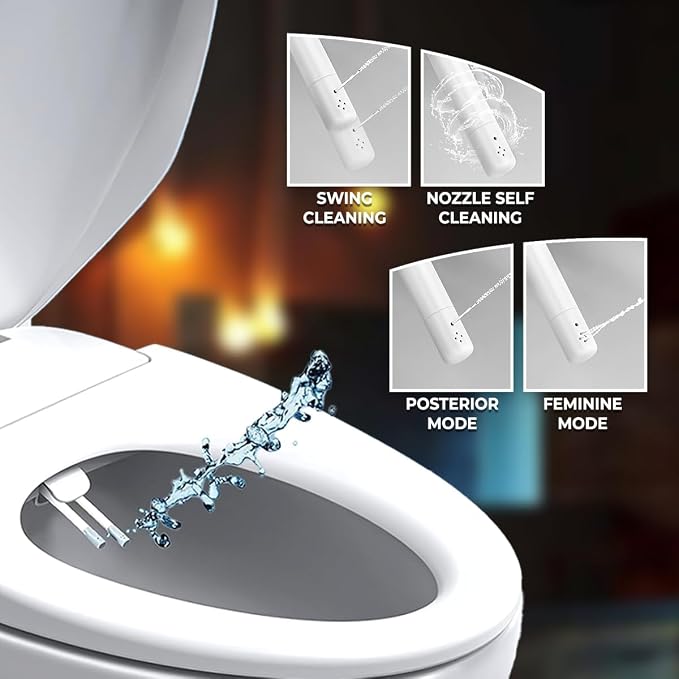 GenieBidet Left Side Bidet Toilet Seat Elongated - Dual Nozzles with T adapter & Bottle - Adjustable Water Pressure & Slow Close Bidet Seat Elongated with No Wiring & Easy Installation