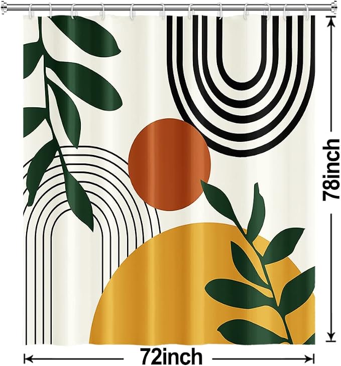 Boho Sun Shower Curtain with Hooks for Bathroom 72x78 Inch | Waterproof Mid Century Green Leaves and Arch Shower Curtain Set, Soft Beige Bathroom Decor