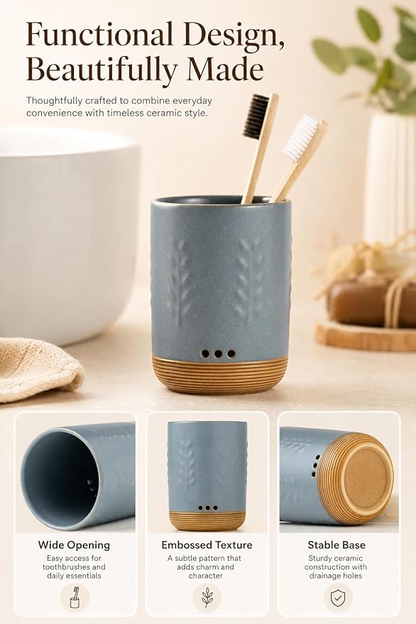 LYEOBOH Ceramic Toothbrush Holder, Toothbrush Storage,Toothbrush Cup Holder | Toothbrush Container, Countertop Organizer with Drainage, Electric Toothbrush Storage for Daily Home Use, Blue