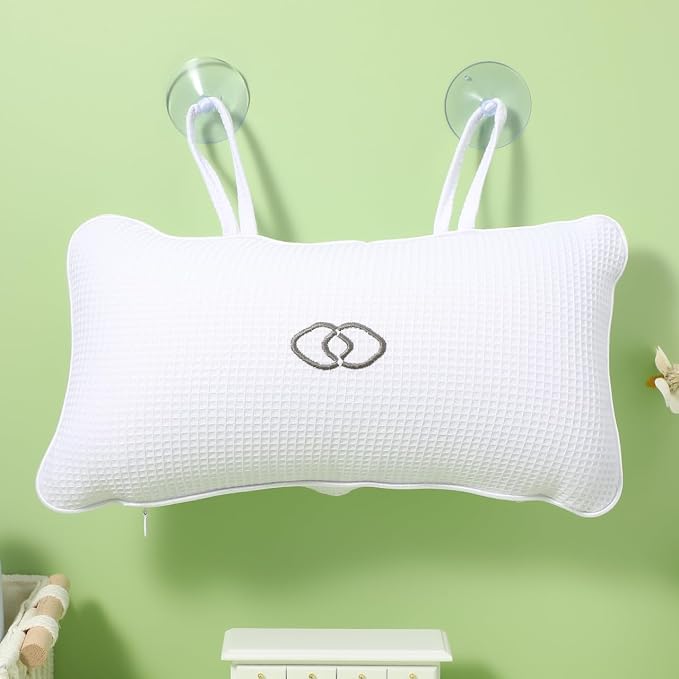 HEALLILY Huafuge Bath Pillow for Tub with PVC Air Bags, Anti-Slip Suction Cups, Breathable Mesh Cover, Head and Neck Support, White, 13.58 X 7.87 Inches