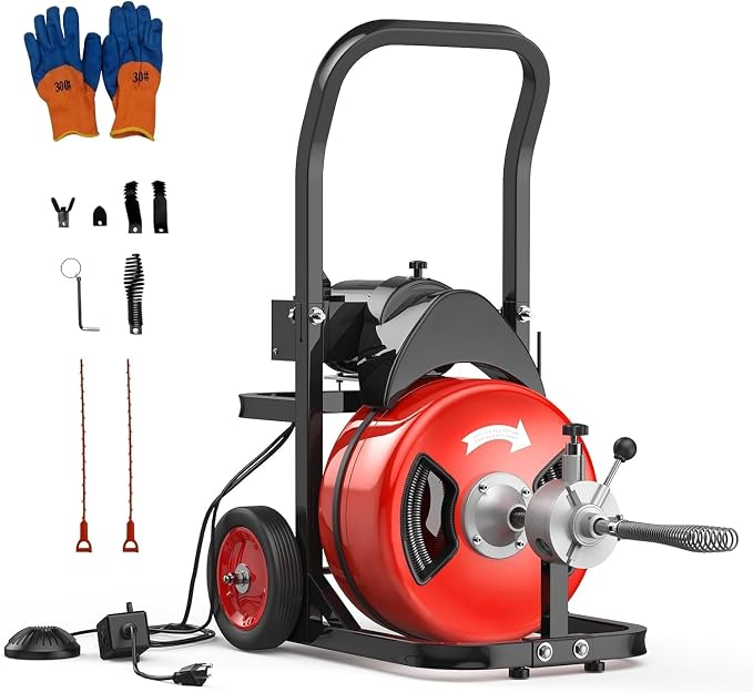 100Ft 3/4 Inch Drain Cleaning Machine. Sewer Snake 750w Auto Feed | Portable Drain Cleaning Machine Electric Drain Auger Sewer Auger with 6 Cutter Air-Activated Foot Switch for 4" to 8" Pipes