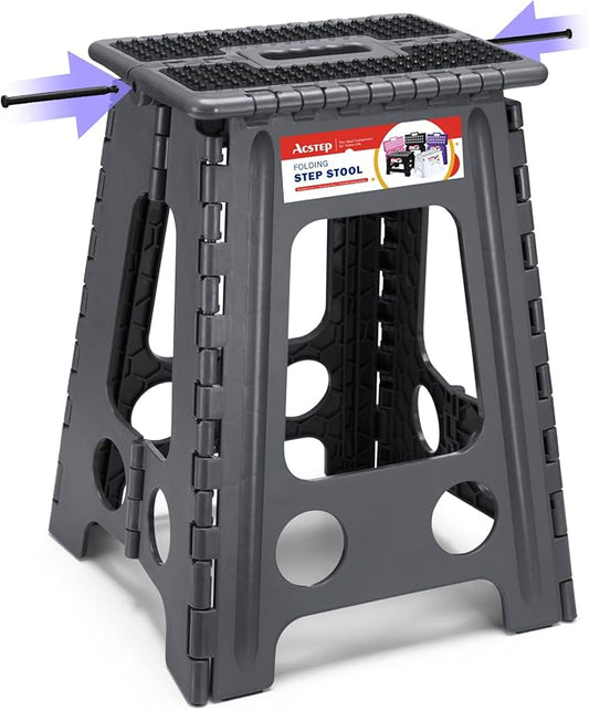 17.5 Inch Heavy Duty Folding Step Stool, 400 lbs, Dot Grey | Collapsible Stepping Stool for Adults with Handle and Non-Slip Surface, for Kitchen, Garage, Bedroom and Outdoor Tasks