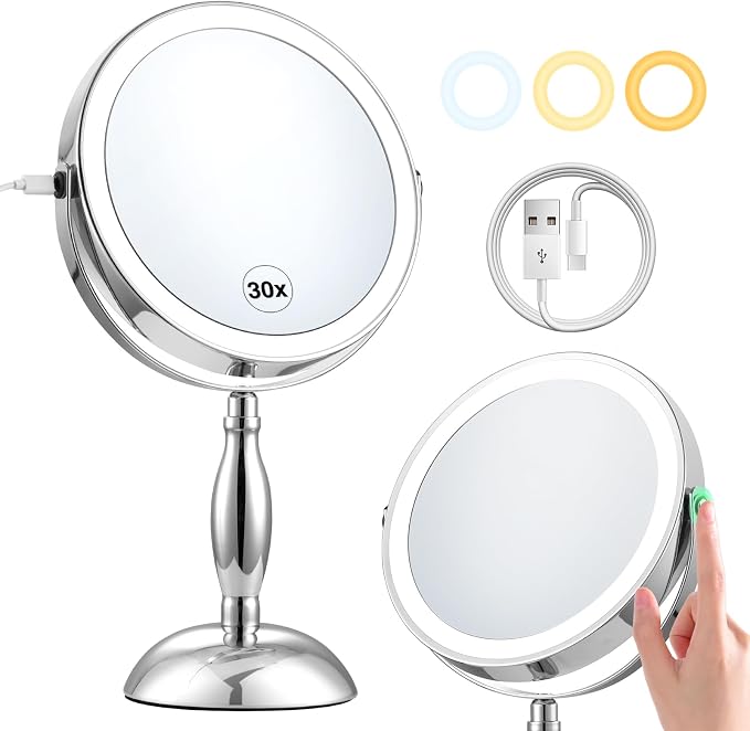 30x Magnifying Mirror, Chrome Lighted Makeup Mirror with 3 Colors Modes | Adjustable Brightness, 5000mAh Rechargeable, 360° Rotation Double Side, Large Magnifying Vanity Mirror, Gifts for Women