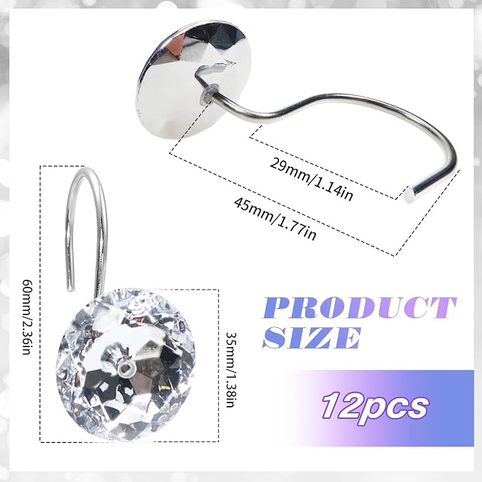 TOAOB 12pcs Round Curtain Hooks Rings Stainless Steel Rhinestone Decorative Rust Proof Shower Rod Hangers Decorative Shower Curtain Hooks for Bathroom Curtain Accessories