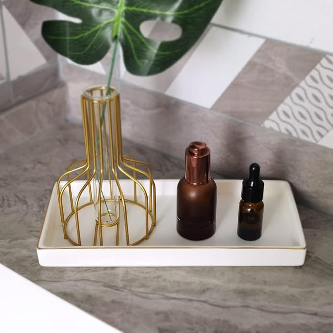 10 x 5 Ceramic Bathroom Tray for Countertop, Decorative Vanity Tray for Dresser Tops, Small Rectangular Trays for Perfume, Candle, Jewelry, Cosmetics (White)