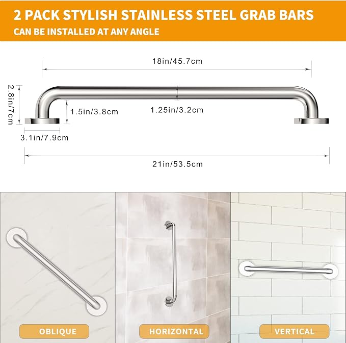 18" Brushed Nickel Grab Bar for Bathroom, 2 Pack | 304 Stainless Steel, 1.25" Tube, All-Welded, ADA Compliant, Anti-Slip Safety Handrail for Elderly & Handicap