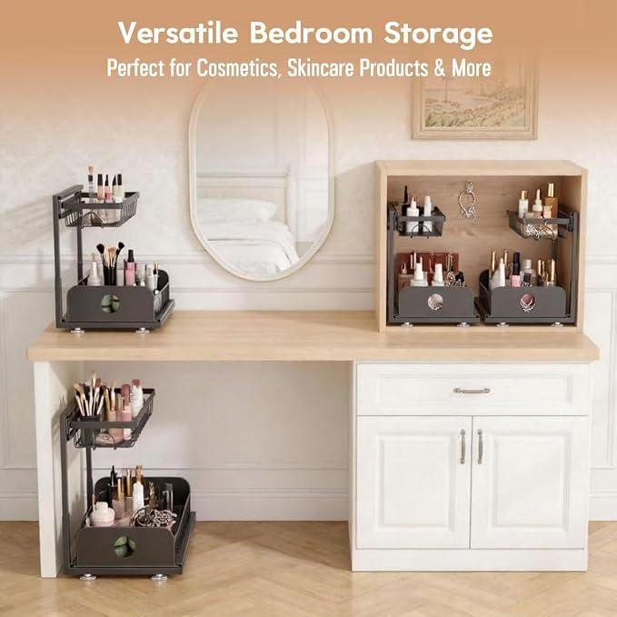 Under Sink Organizer, 1 Pack Under Kitchen Cabinet Organizer, Height Adjustable Pull Out Mute Slide-Out 2 Tier Metal Under Sink Storage for Bathroom, Pantry, Kitchen & Bedroom (Black, 1 Pack)