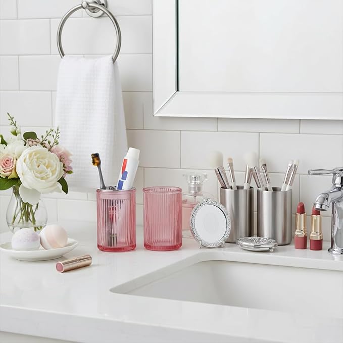 Pink Toothbrush Holders for Bathrooms, 2pcs Glass Toothbrush Holder and 12oz Bathroom Tumbler Cup Set, Silver Tooth Brush and Toothpaste Organizer for Bathroom Vanity Countertop