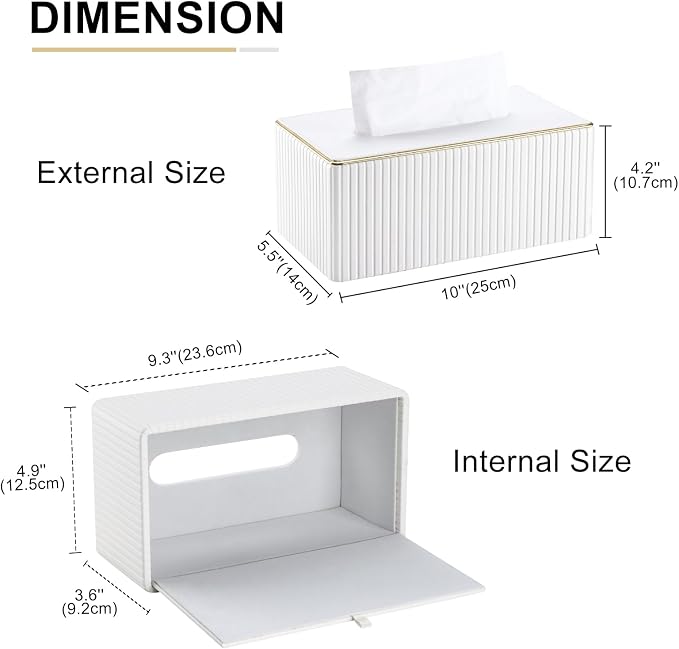 Rectangular Tissue Box Cover, PU Leather Tissue Box Holder with Magnetic Bottom, Napkin & Facial Tissue Holder Dispenser Decorative Box Cover for 120-count (3-Ply) 160-count (2-Ply) White