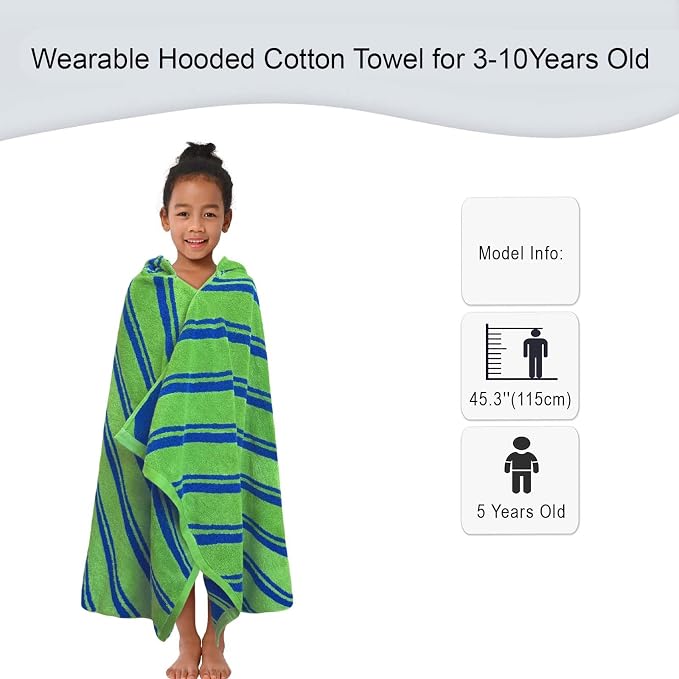 VOOVA & MOVAS Hooded Pool Towels for Kids,3-10 Years,Green | Fine Jacquard Stripe Craft, Generous Size, Powerful Absorbency, Great for Daily Bath and Outdoor Water Play