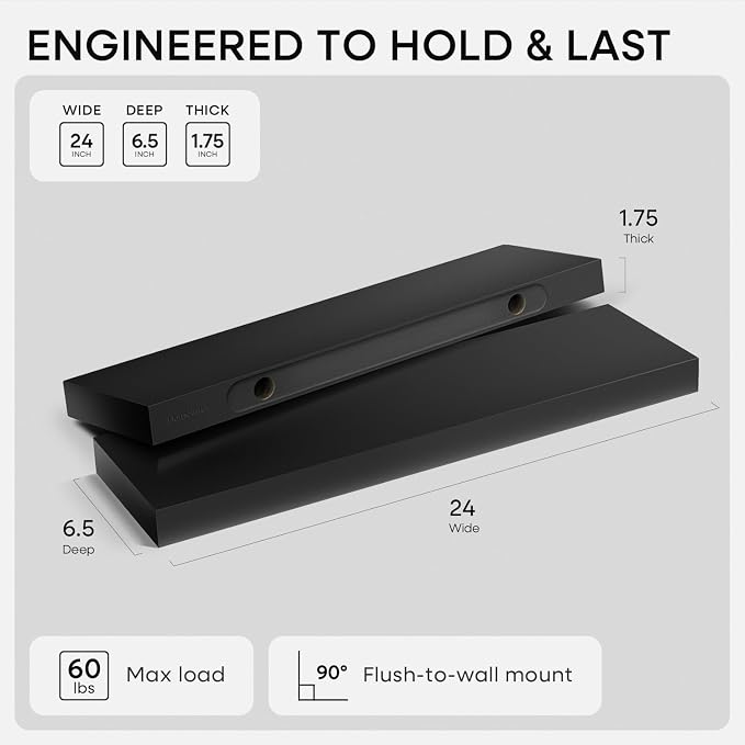 Black Floating Shelves 24 inch, High End Solid Real Wood 24inch Bathroom Floating Shelf for Wall Mounted, Black Wooden 24in Floating Shelves, Heavy Duty Bracket, 24 X 6.5 X 1.75 in, Set of 4
