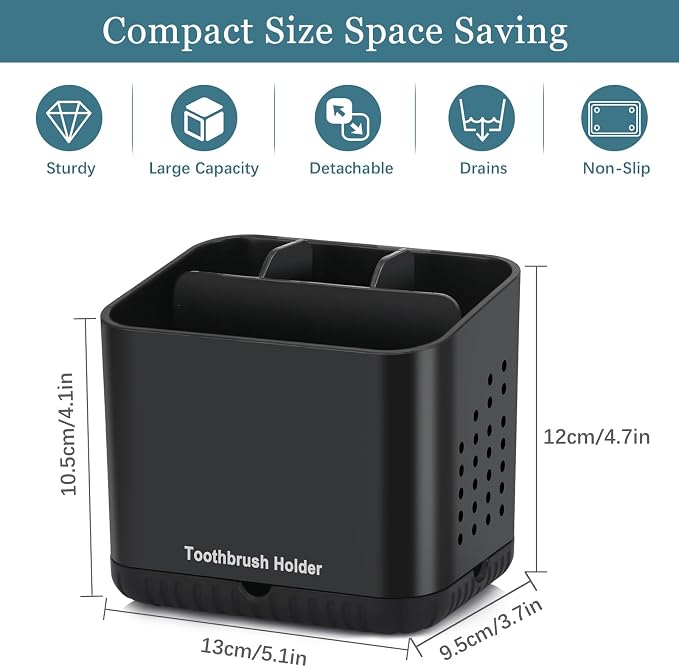 Toothbrush Holders for Bathrooms, Toothbrush and Toothpaste Holder (Black) | Easy To Clean, Drainage, Removable, Non-Slip, 4 Slots Tooth Brush Holder for Bathroom Countertop Organizer