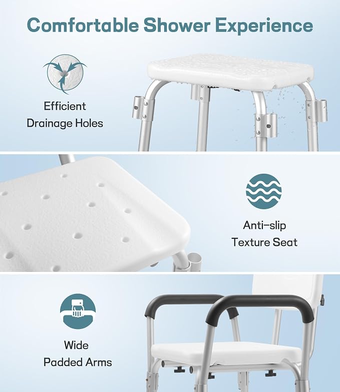 Heavy Duty Shower Chair for Elderly & Disabled with Padded Armrests & Back | Tool-free assembly adjustable height shower seat for inside shower. Provides secure, comfortable support for handicap adults