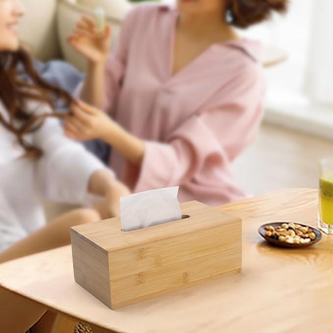 Bamboo Tissue Box Cover, Rectangular Wood Tissue Box Holder, Wooden Facial Paper Holder for Bathroom, Bedroom, Dinner Table, Office (2 Pack, 9.8 x 5.5 x 3.7 inch)