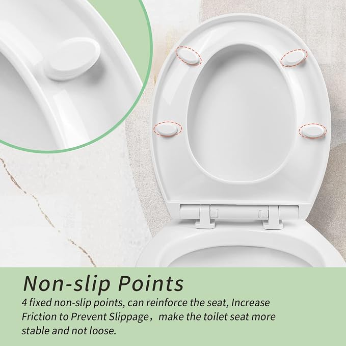 Toilet Seat Round Slow Close, Non Slip Bumpers Quick-Release White | Quiet Close, Tool-Free Install, Four Bumpers, Never Loosen, Fits Standard Round Bowls, Plastic, White