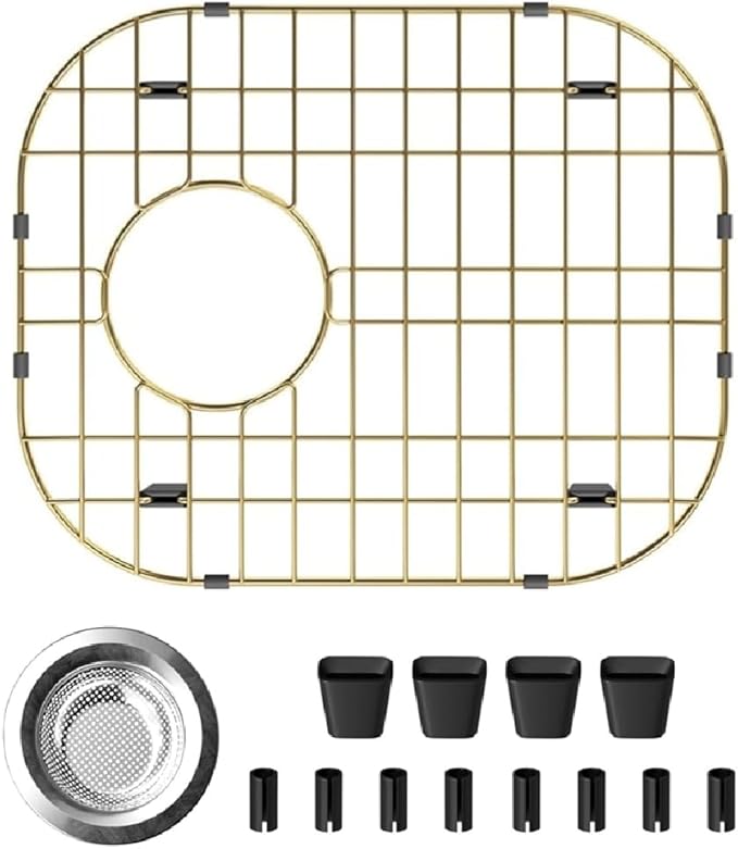 Universal Stainless Steel Sink Protector, Double Sink Bottom Grid Sink Rack with Rear Drain Hole for Kitchen Sink, 16 x13 Inches (Gold)