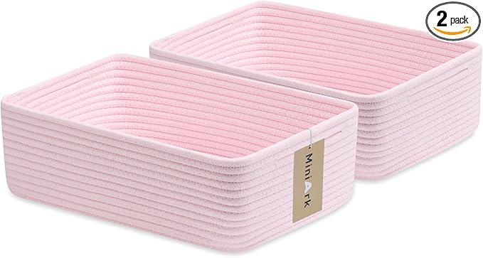 MiniArk Large Shallow Organizing Baskets 15x11x5.1 Inches - Rope Woven Storage Bins for Bathroom, Shelves, Cube Closet, Light Pink 2 Packs