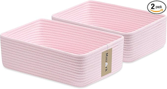 MiniArk Large Shallow Organizing Baskets 15x11x5.1 Inches - Rope Woven Storage Bins for Bathroom, Shelves, Cube Closet, Light Pink 2 Packs