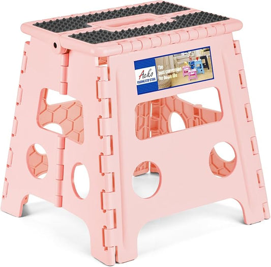 ACKO 13" Folding Step Stool, Non-Slip Surface for Adults & Kids, Dot Pink | Collapsible Heavy Duty Foldable Stools, Portable Foot Stepping Stool Holds 300 lbs, Kitchen Bathroom Outdoor, Built-in Handle