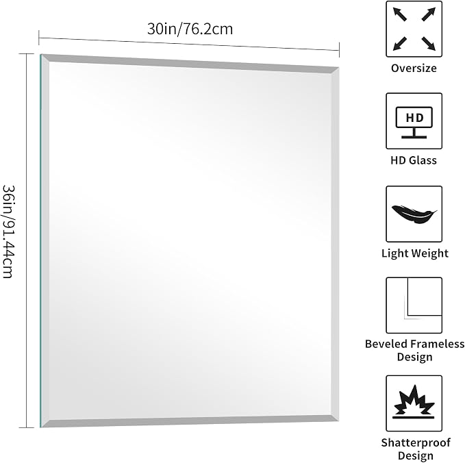 KOCUUY Beveled Mirror, 36x30 Inch Frameless Bathroom Mirror for Over Sink, Upgraded Shatterproof Beveled Unframed Design Mirror for Bathroom, Bedroom, Hang Horizontal/Vertical