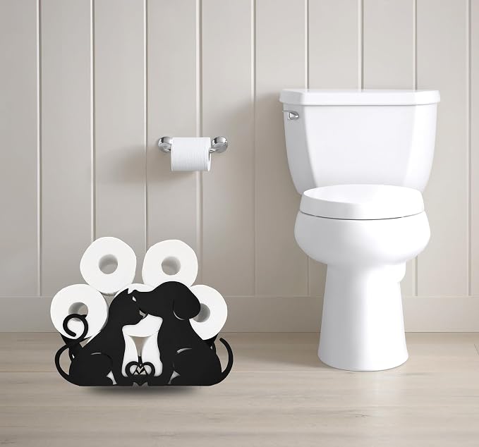 Lover Dog Black Metal Paper Holder, Decorative FreeStanding Toilet Paper Organizer for Bathrooms, Holds Extra 8 Rolls