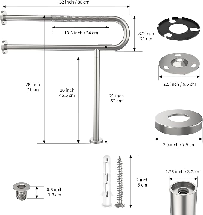 32 Inch Toilet Support Rail, Munzong Satin Brushed Nickel Handicap Grab Bar | Anti-Slip Stainless Steel Knurled Safety handrails with Leg for Bathroom Elderly Disabled Pregnant-1.25’Tube