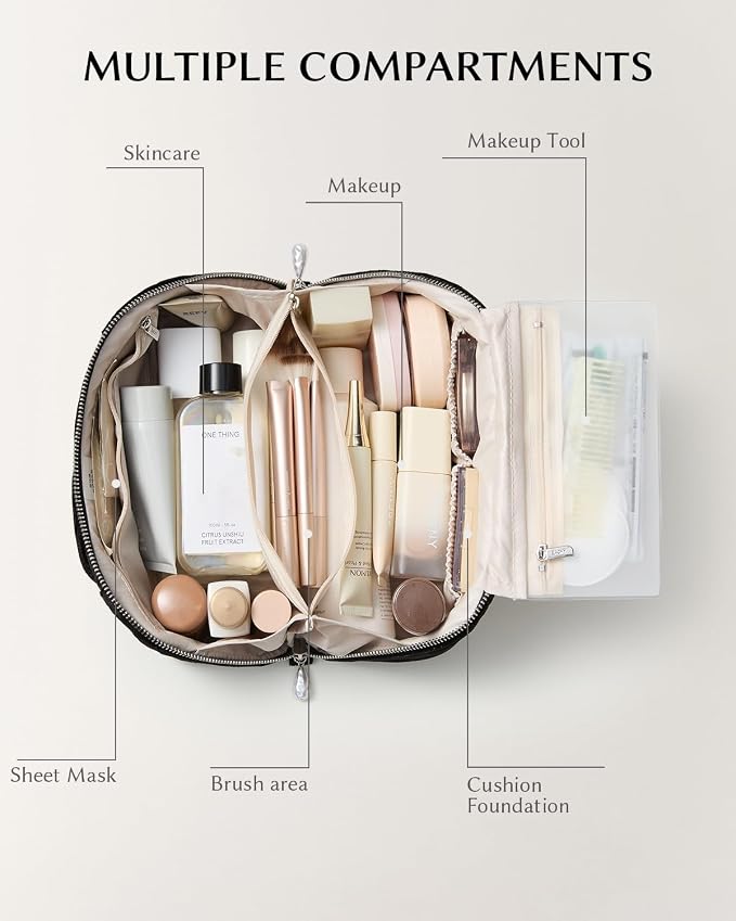 EACHY Velvet Travel Makeup Bag for Women, Flat Open Cosmetic Organizer | Velvet cosmetic organizer with two clear TPU brush pockets and extra storage for makeup, toiletries and travel essentials