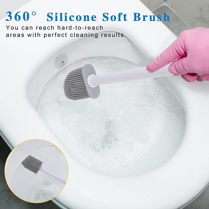 Silicone Toilet Brush and Holder, Wall Mounted No Rust Problem White | TPR Small and compact Flex Flat head Scrubber Ergonomics Modern Cute Bendable Matte Hidden Bathtub