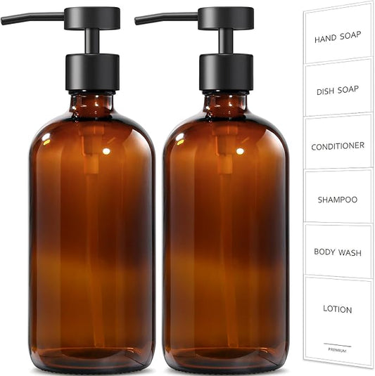 GMISUN Amber Glass Soap Dispenser, 2 Pack Bathroom Hand Soap Dispensers with Stainless Steel Flat Pump, 17 Fl Oz Kitchen Dish Soap Dispenser, Modern Vintage Liquid Brown Soap Dispensers Bottle Set