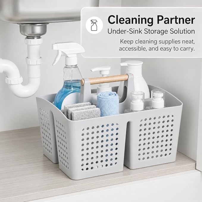 Portable Shower Caddy Basket with 3 Compartments and Handle, Light Gray | Plastic Divided Storage Caddy for Bathrooms, Apartments, Guest Rooms, Offices, Crafts and Under-Sink Organization