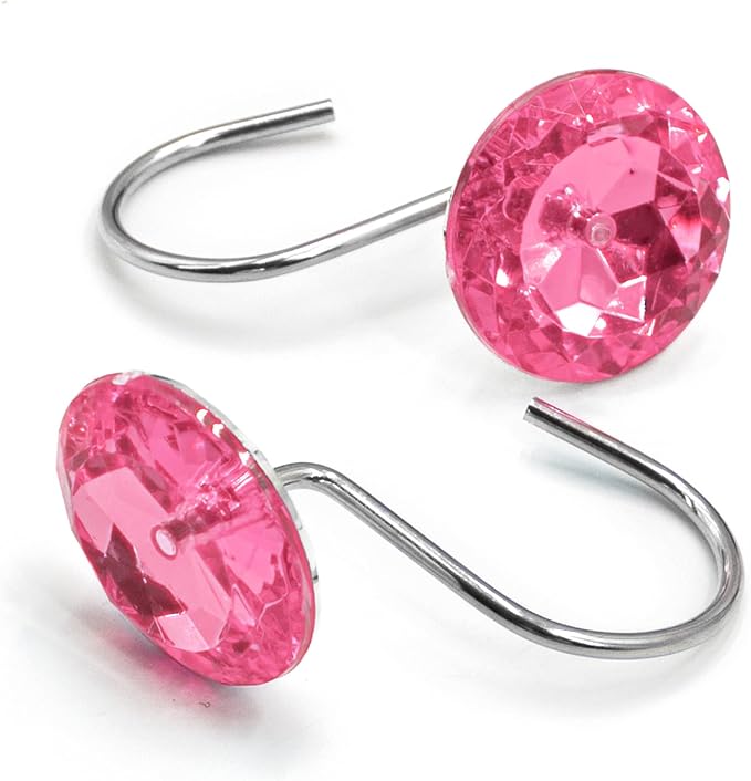 Crystal Diamond Round Shower Curtain Hooks Rings for Bathroom,Pink,12PCS | Acrylic Decorative Rhinestones Bling Shower Hooks Rings,for Bathroom Curtains Rod,Gem Metal Rust Proof Shower Hangers