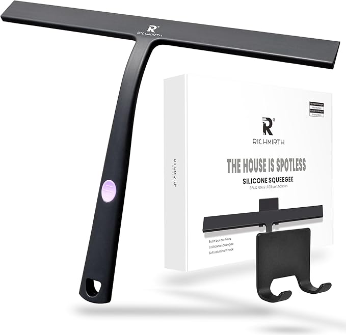Squeegee for Shower Door 14 Inch Wide Blade, 11 Inch Short Handle One-Piece Silicone with Stainless Steel Core, Non-Slip Grip Window Squeegee for Bathroom Mirror Car Windshield, Aluminum Hook (Black)