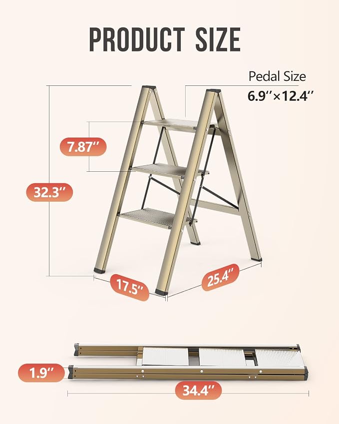 3 Step Foldable Step Stool, 300lbs Load, Gold | Folded 35''H x 2''T; Net 7.99 lbs; Non-Slip Feet: Wood/Tile/Carpet; Rigid Aluminum Steps; No Assembly; Ready From Box.