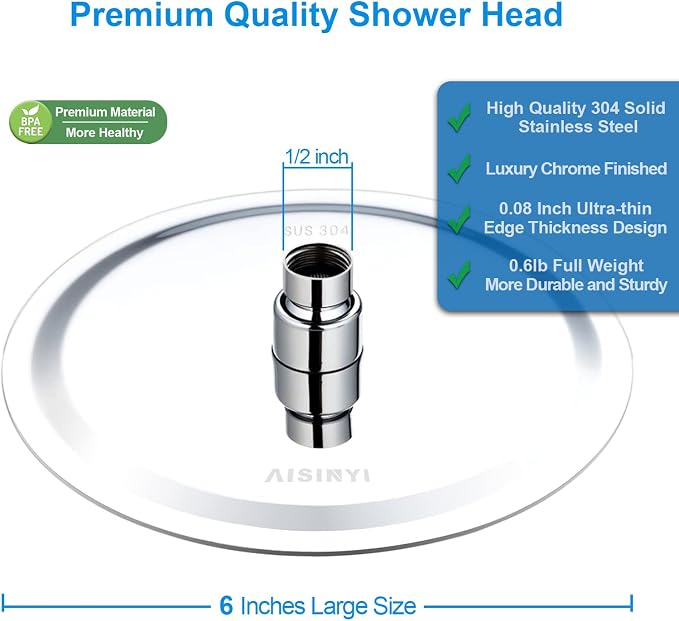 High Pressure Rainfall Shower Head, 6 Inches Showerhead with Perfect Adjustable Replacement, Removable Restrictor, Easy Installation for Your Bathroom Shower Heads (Chrome Finish, Ultra-thin)