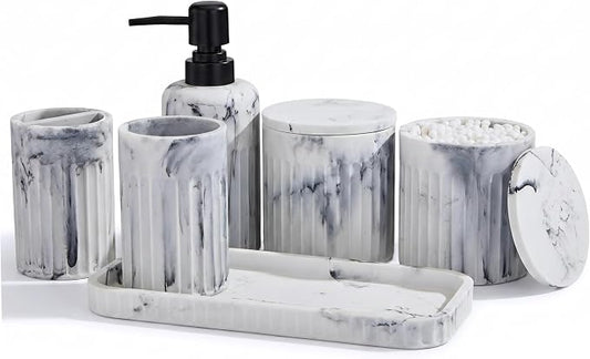 INIUNIK Bathroom Accessory Set, 6 Pieces, Marble White | Resin, Bathroom Accessories Set, Includes Soap Dispenser Set, Toothbrush Holders, Tumbler, Vanity Tray & 2 Qtip Holder