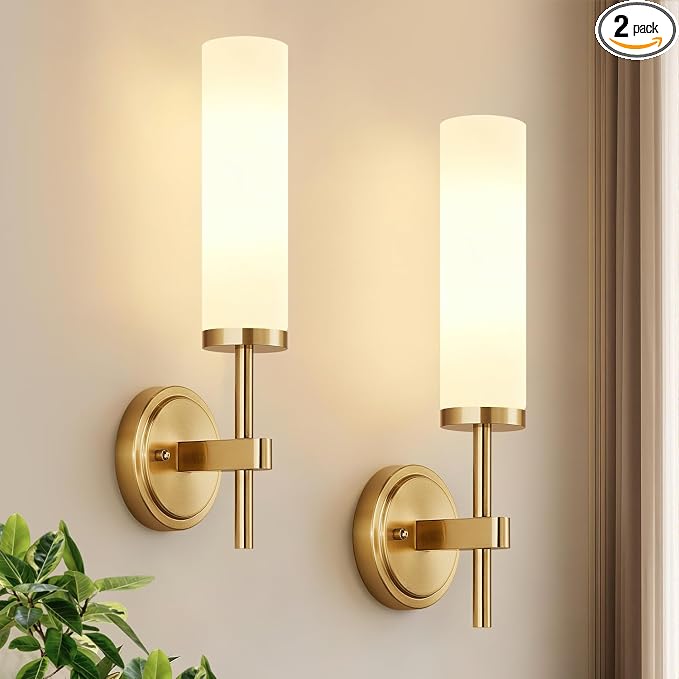 [Hardwired] Wall Sconces Set of Two, Brushed Gold Bathroom Sconces with Milky White Glass, Modern Wall Light Fixtures for Bathroom Mirror Vanity, Living Room, Hallway, Stairway, Cabinet, Foyer