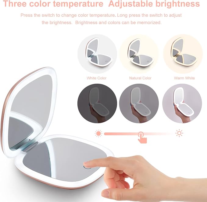 Mocado Compact LED Magnifying Travel Makeup-Mirror - 4 inches 1X/10X Magnification Small Hand Pocket Dimmable Double Sided USB Rechargeable Touch Screen, Portable Tabletop Cosmetic (Rose Gold) | Double Sides Lighted,3 Colors Lighting,0-100% Brightness,...