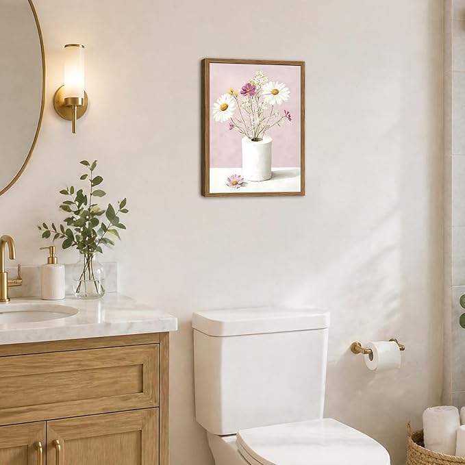 Vintage Floral Toilet Paper Wall Art Cute Wildflower Restroom Wall Decor Picture Funny Pink Flower Bathroom Canvas Painting Print 12x16 inch Wood Framed