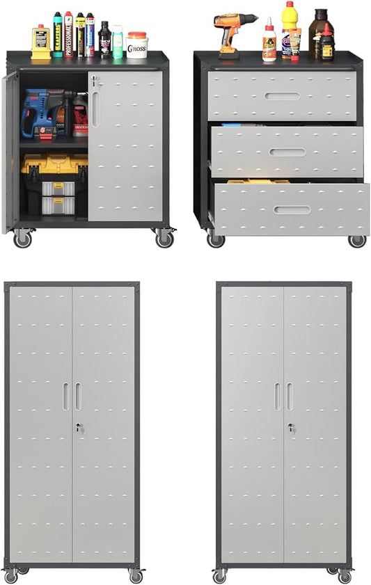Garage Storage Cabinet System,Wall Cabinet & Locking Rolling Tool Cabinet with Doors and Adjustable Shelves